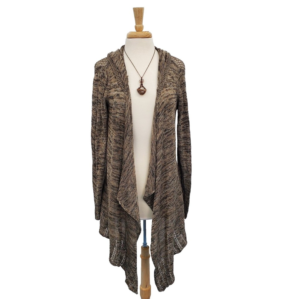 Womens M Brown Knit Hooded Cardigan Boho Layering Lightweight Casual Sweater‎